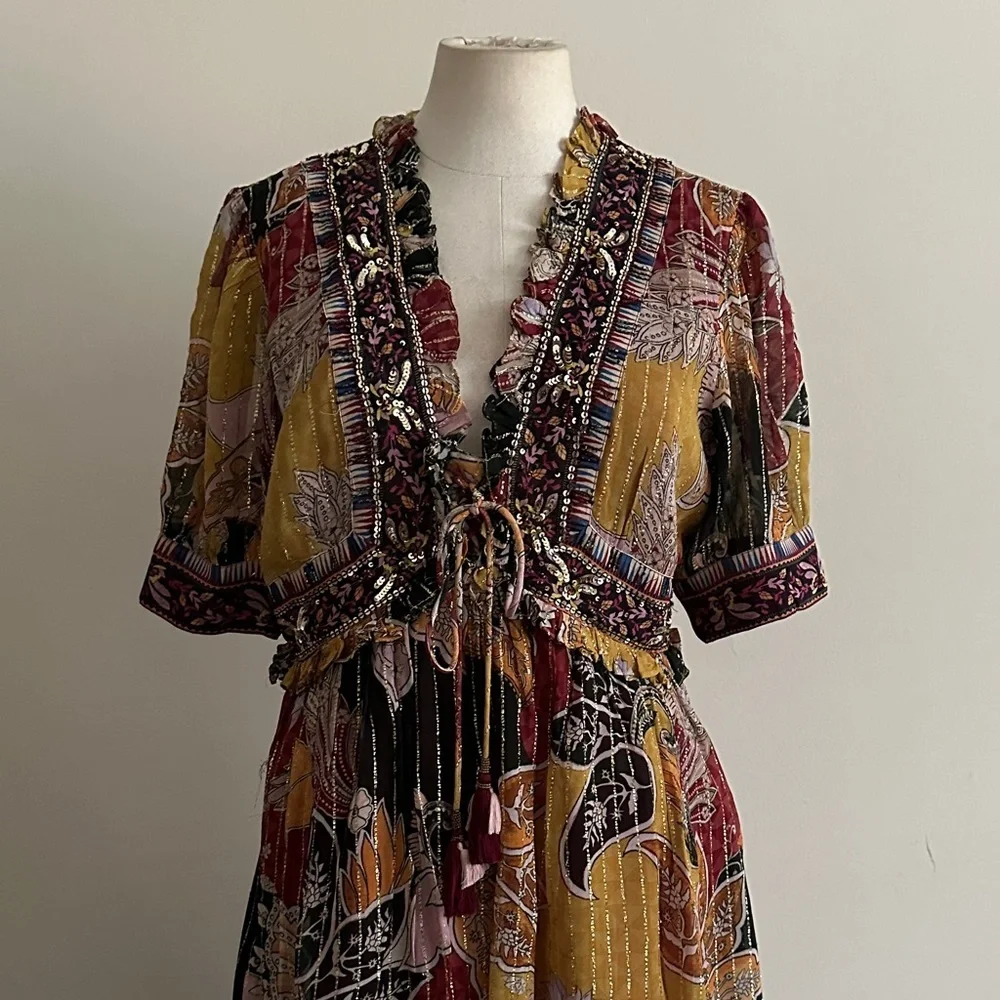 ANTHROPOLOGIE Beaded Sequin Shimmer Mini Dress Bohemian sz Medium - Picture 4 of 9